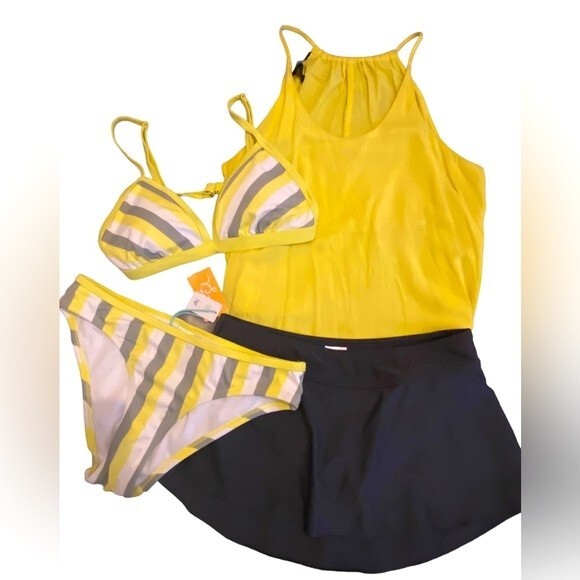 NWT 4 piece bundle yellow stripe bikini, grey swim skirt smalls, tank top xl - Picture 1 of 16